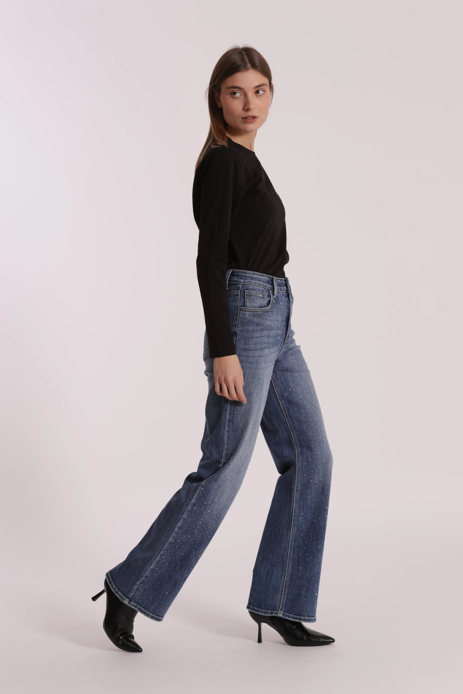 Jeans Wide Leg con Strass Trasparenti