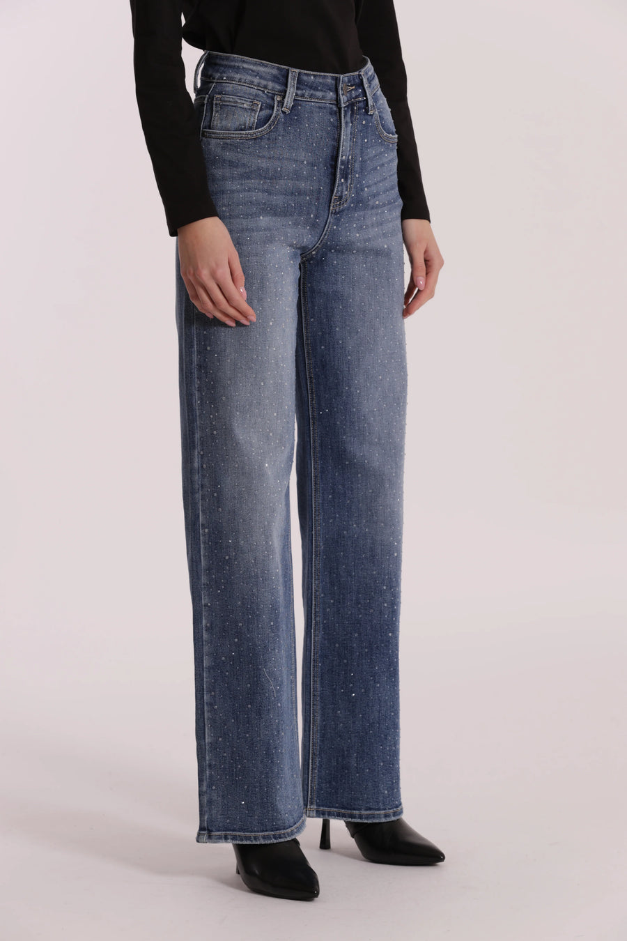 Jeans Wide Leg con Strass Trasparenti