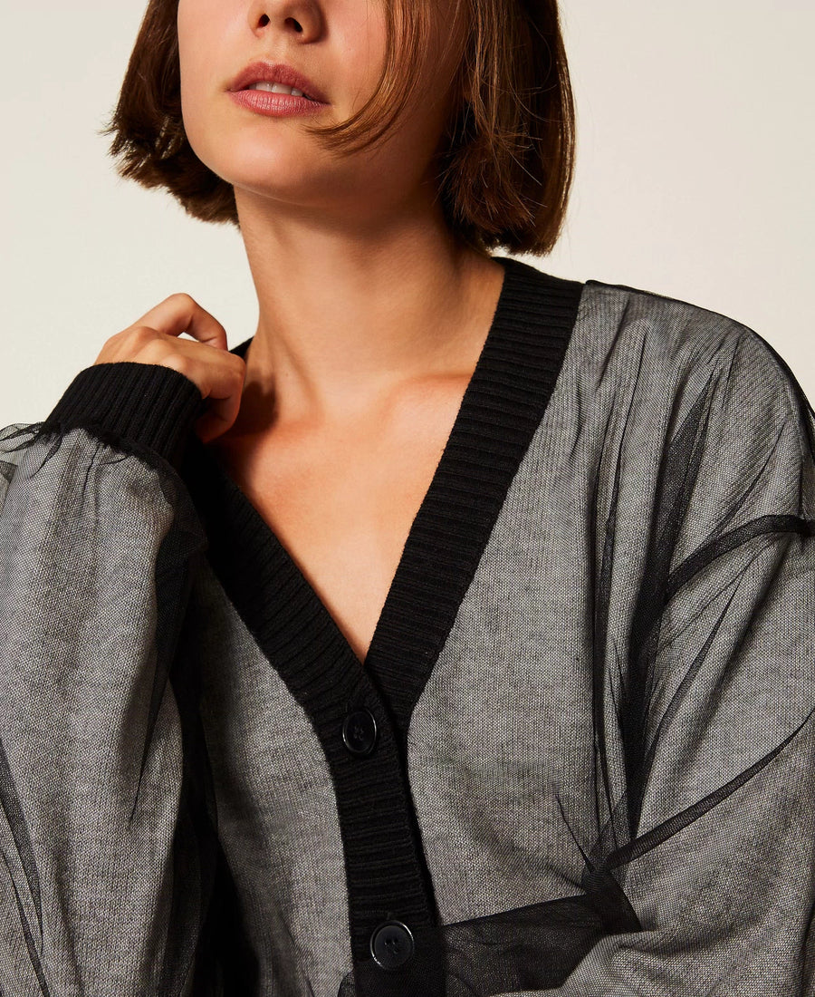 Cardigan Twinset in Maglia Doppiata in Tulle