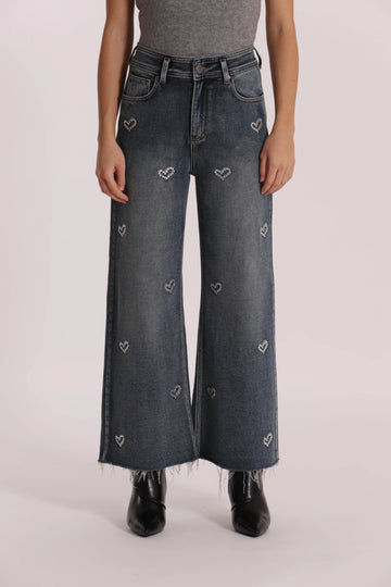 Jeans Wide Leg Cropped con Cuori Mimi Muà