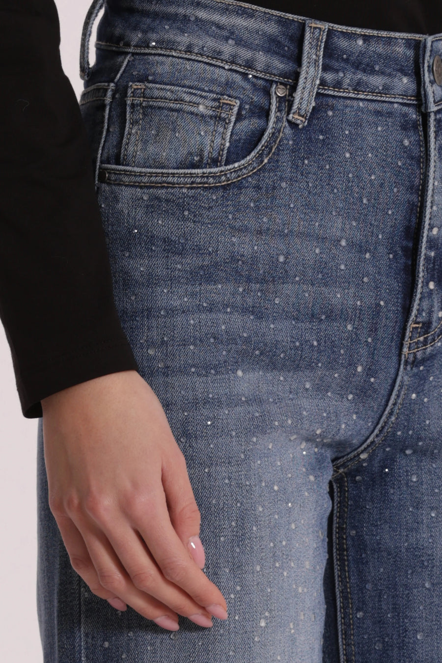 Jeans Wide Leg con Strass Trasparenti