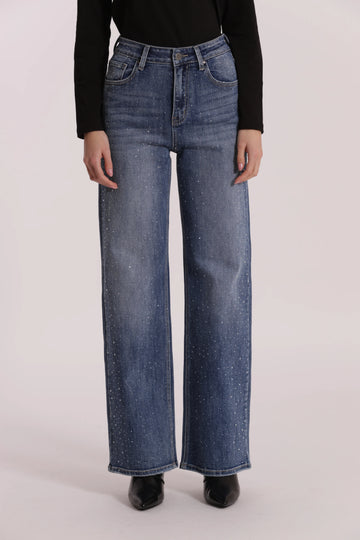 Jeans Wide Leg con Strass Trasparenti