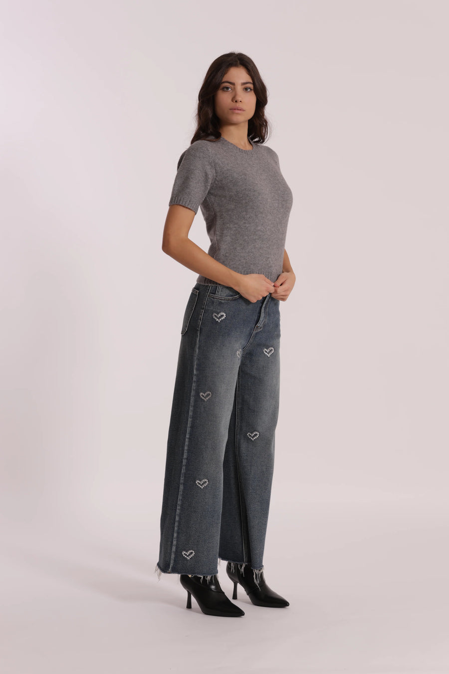 Jeans Wide Leg Cropped con Cuori Mimi Muà