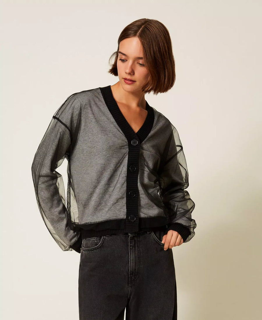 Cardigan Twinset in Maglia Doppiata in Tulle