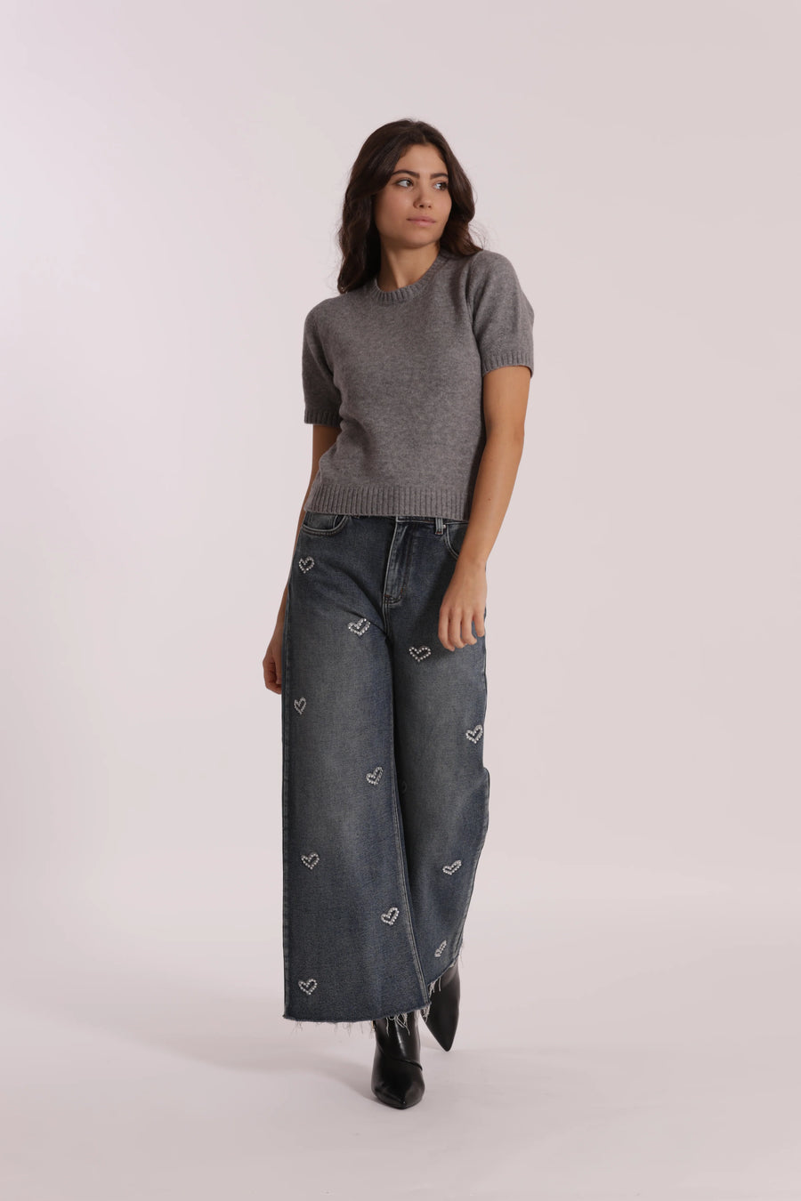 Jeans Wide Leg Cropped con Cuori Mimi Muà