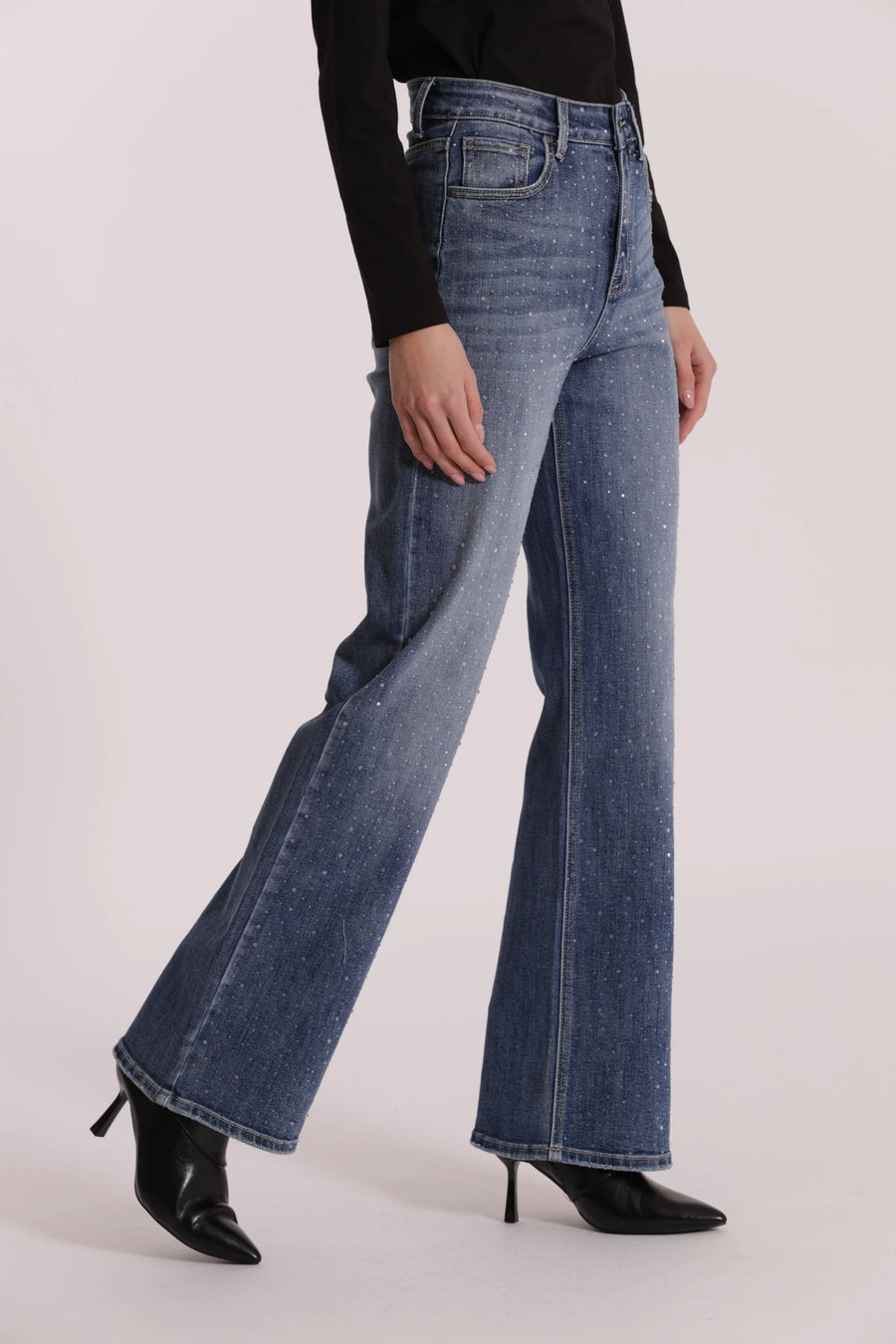 Jeans Wide Leg con Strass Trasparenti